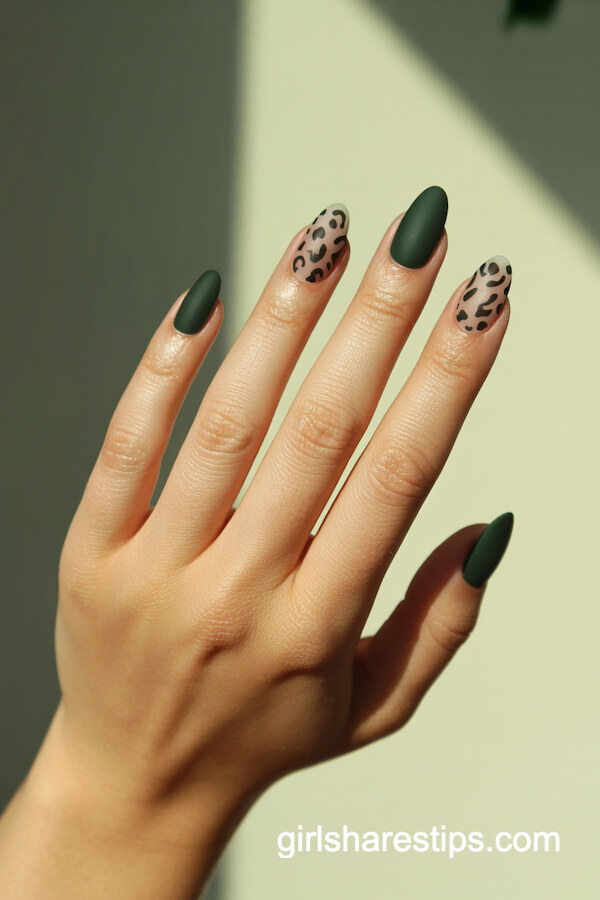 Matte dark green with animal print accent