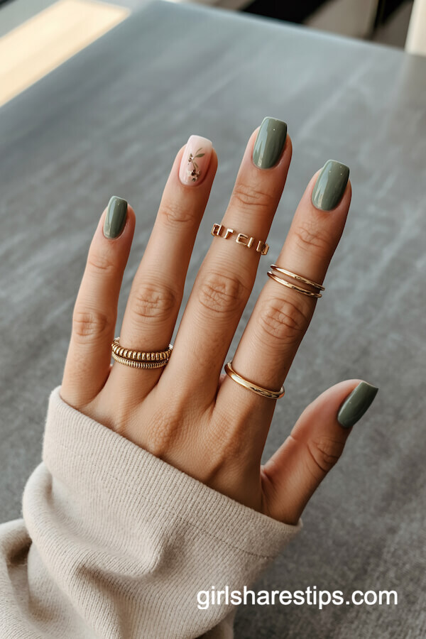 Sage green with floral accent nail