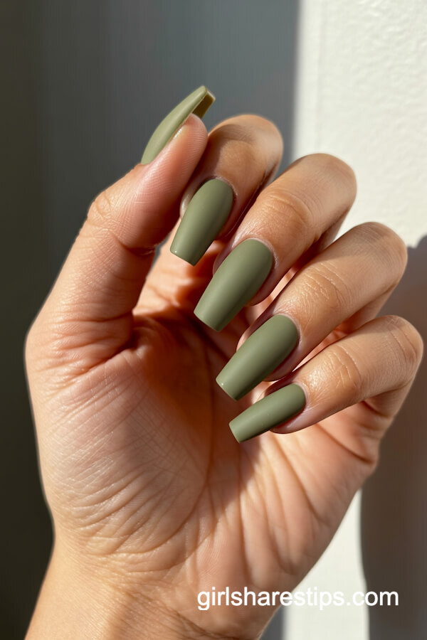 Matte olive green coffin nails