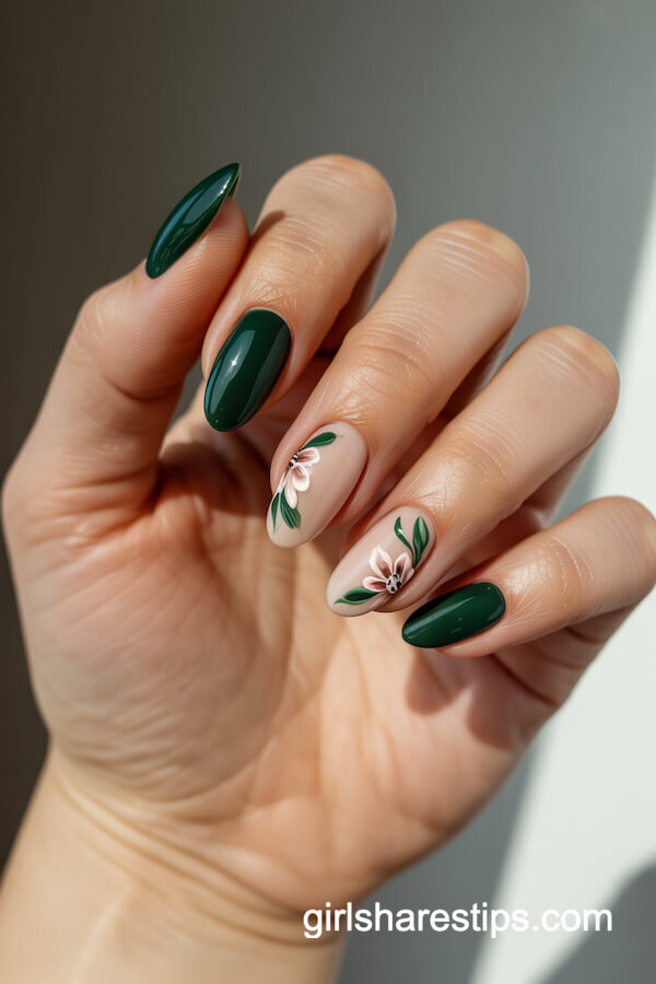 Dark green polish with floral nail art