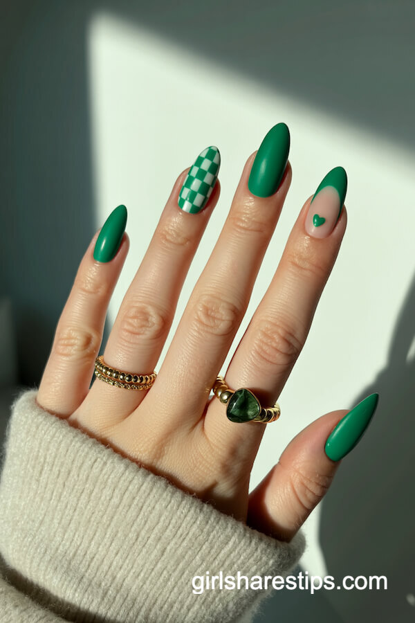 Matte emerald green with checkerboard accent