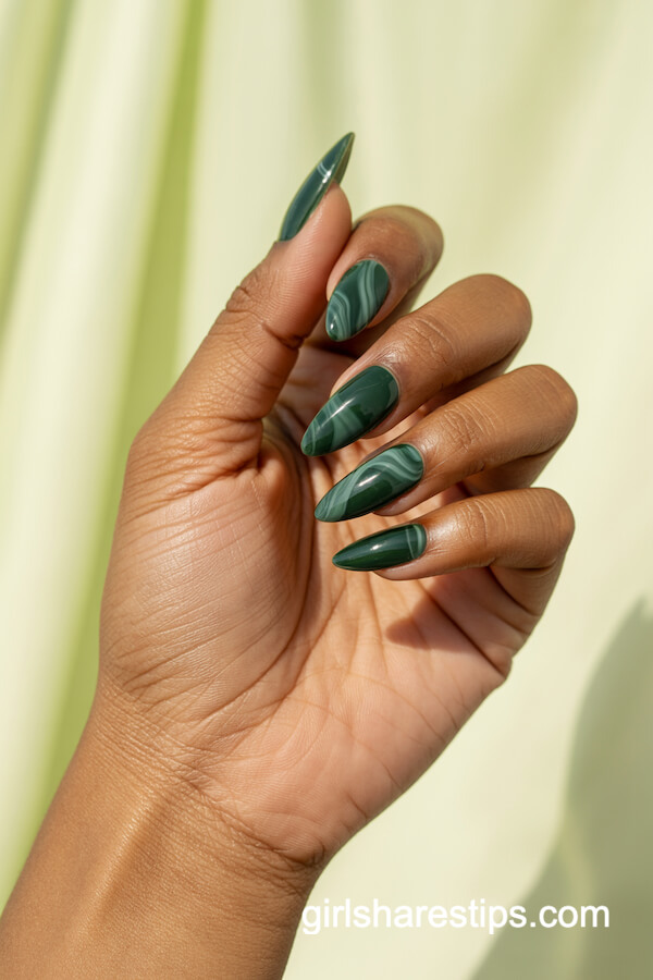 Forest green marble stiletto nails