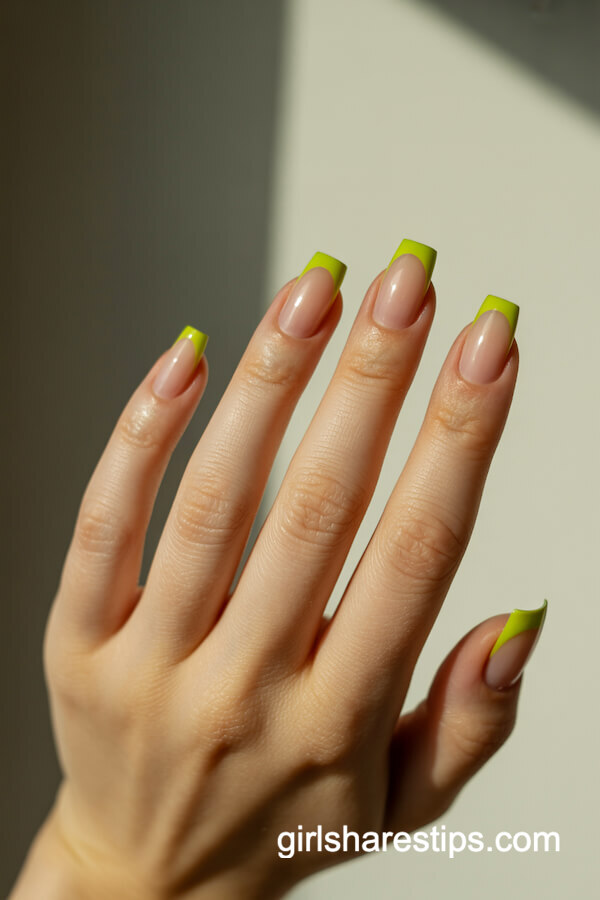 Chartreuse green tips on nude nails