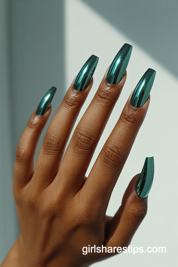 Hunter green chrome coffin nails