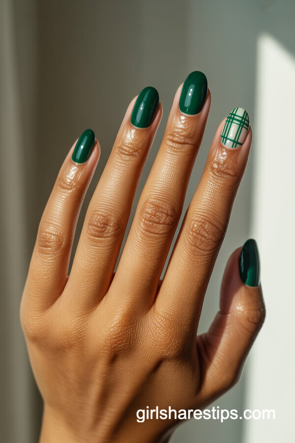 Hunter green with plaid accent nail