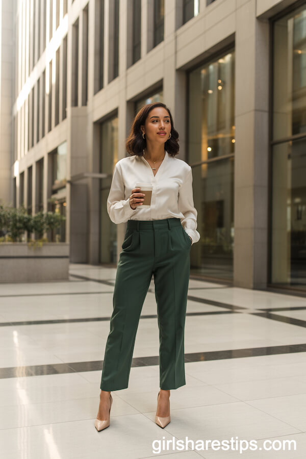 Classic Green Dress Pants with White Blouse and Nude Heels