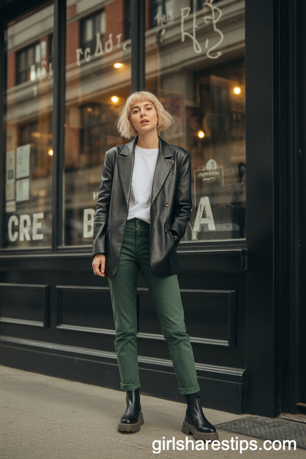 Dark Green Slim Trousers with Leather Blazer and Chunky Boots