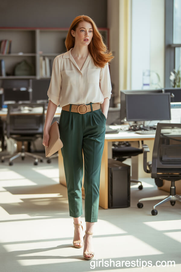 Forest Green Ankle Pants with White Blouse and Statement Belt