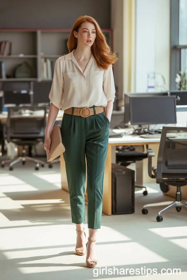 Forest Green Ankle Pants with White Blouse and Statement Belt