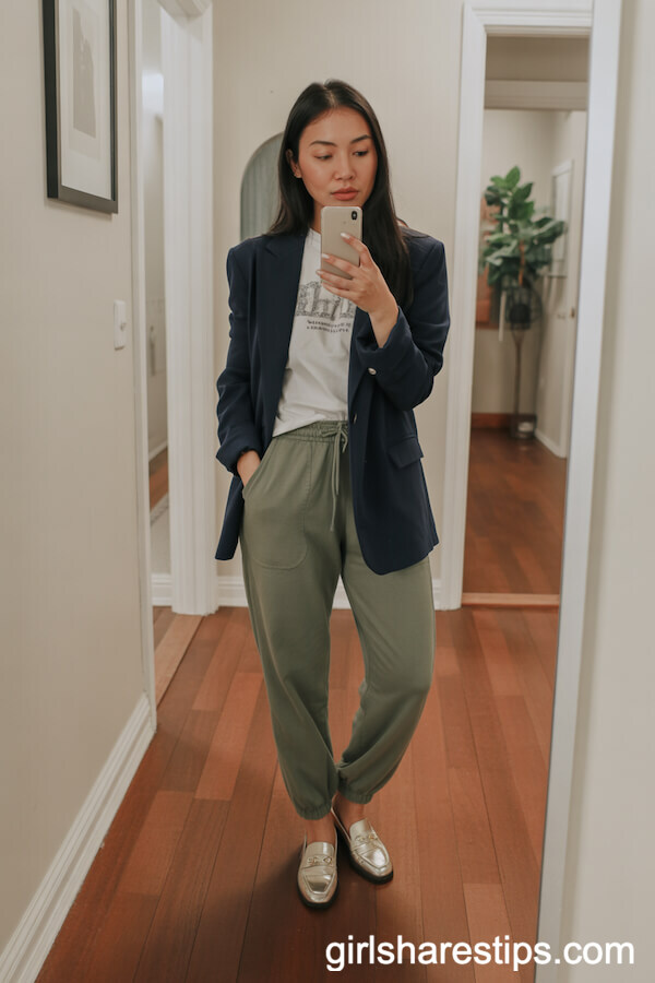 Olive Jogger Pants with Graphic Tee and Navy Blazer