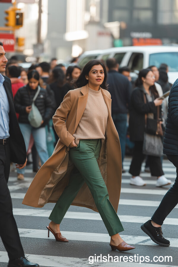 Hunter Green Pants with Knit Top and Camel Coat