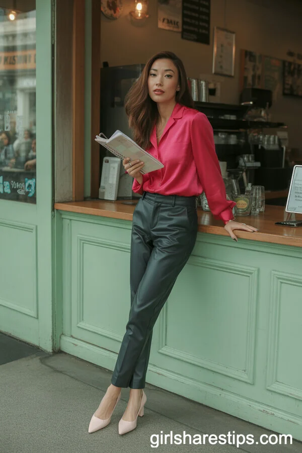 Slim Dark Green Pants with Bright Pink Blouse and Pumps