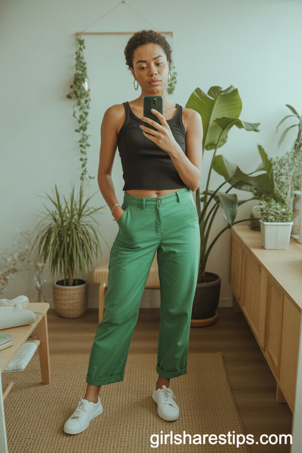 Kelly Green Trousers with Black Tank and White Sneakers