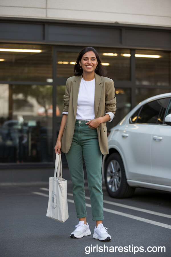 Casual Forest Green Jeans with White Tee and Khaki Blazer