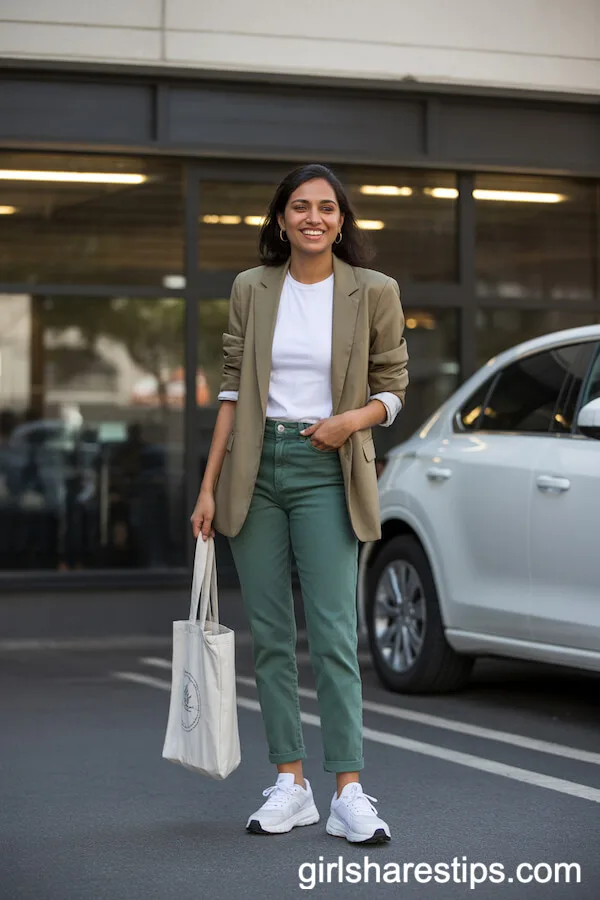 Casual Forest Green Jeans with White Tee and Khaki Blazer