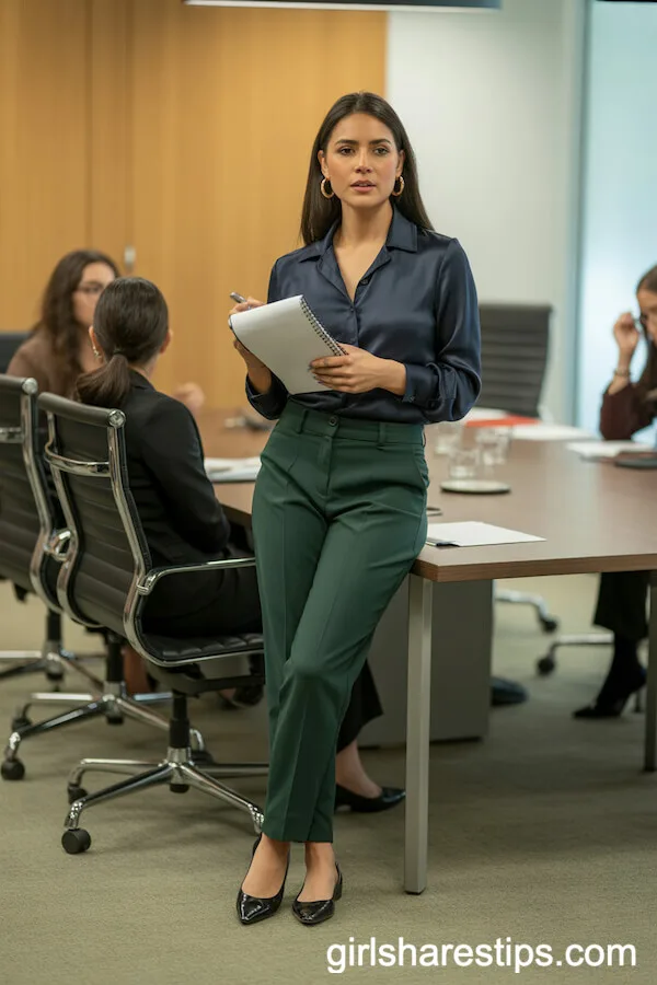 Tailored Dark Green Pants with Navy Silk Blouse