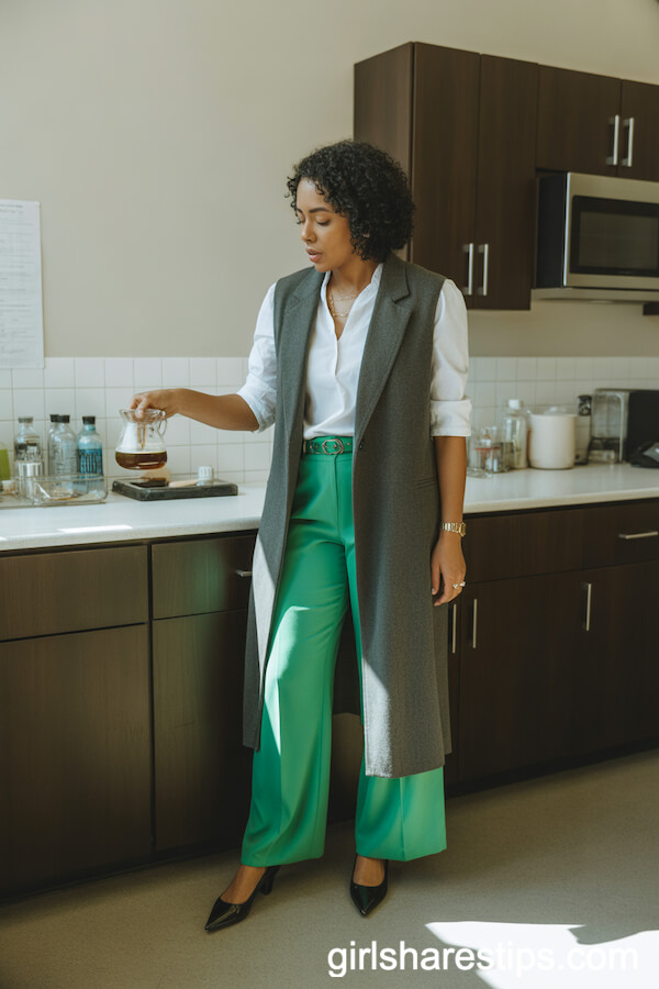 Emerald Wide-Leg Pants with White Blouse and Longline Vest