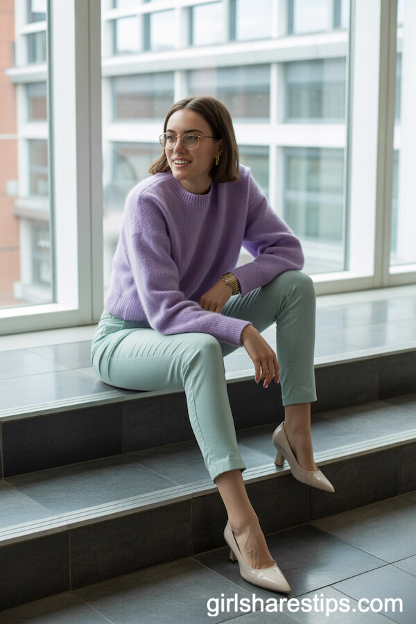 Mint Green Skinny Trousers with Lilac Pullover