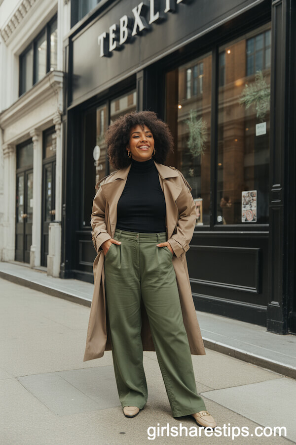 Olive Wide-Leg Pants with Black Turtleneck and Beige Trench Coat