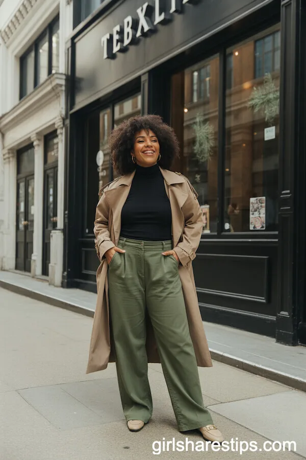 Olive Wide-Leg Pants with Black Turtleneck and Beige Trench Coat