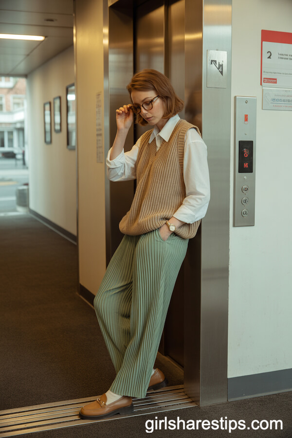 Sage Green Pleated Pants with Sweater Vest and Loafers
