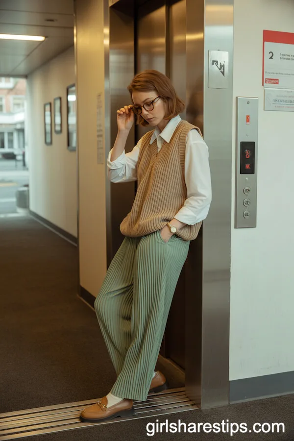 Sage Green Pleated Pants with Sweater Vest and Loafers