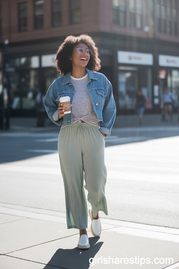 Flowy Light Green Pants with Striped Tee and Denim Jacket
