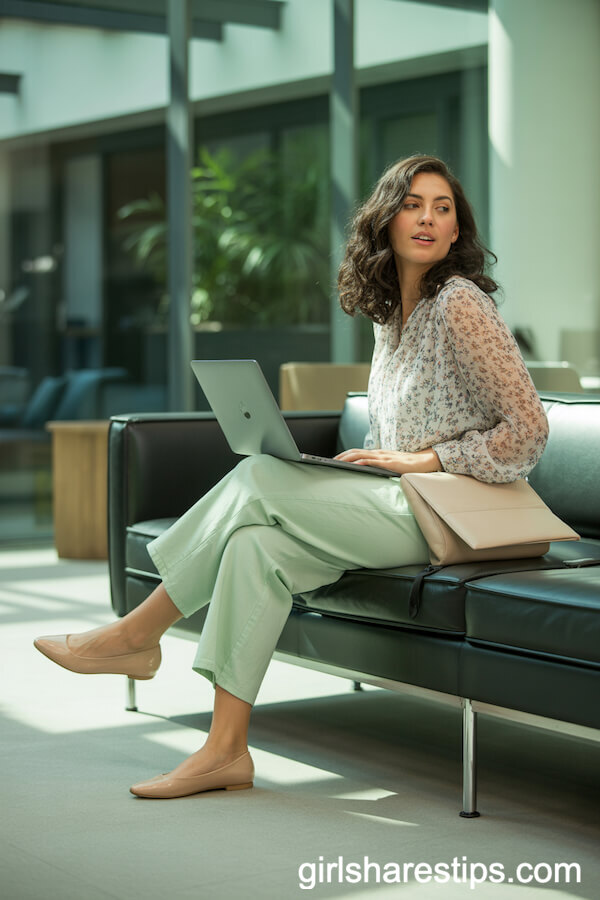 Pastel Green Ankle Pants with Floral Blouse and Ballet Flats
