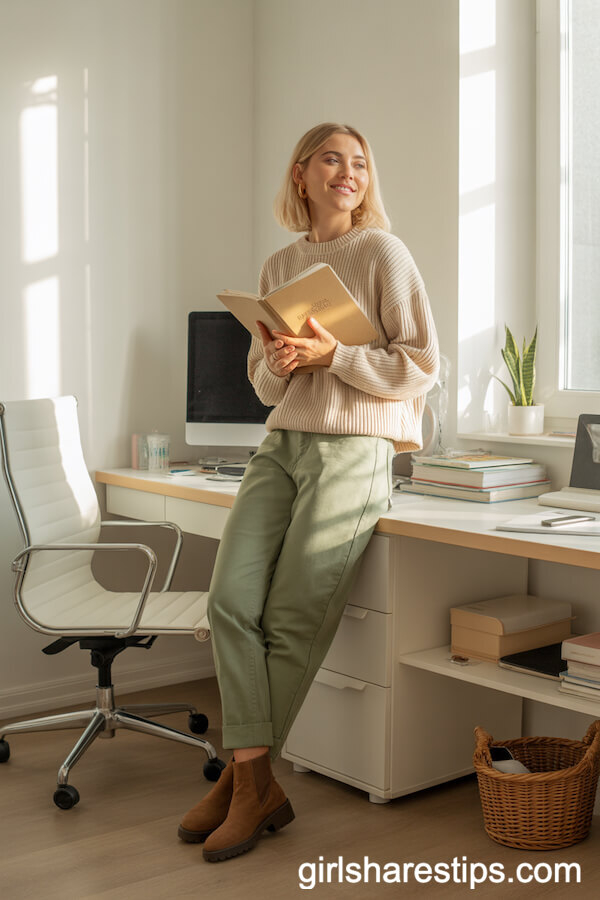 Moss Green Cigarette Pants with Chunky Knit Sweater and Boots