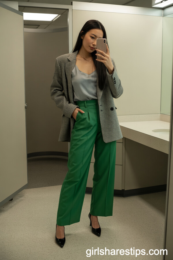 Emerald Trousers with Checked Blazer and Gray Cami