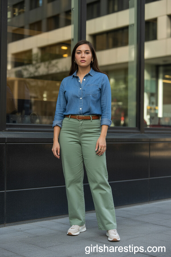Sage Green Pants with Denim Shirt and White Sneakers