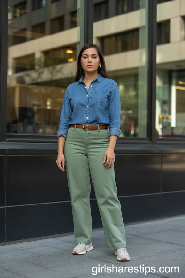 Sage Green Pants with Denim Shirt and White Sneakers