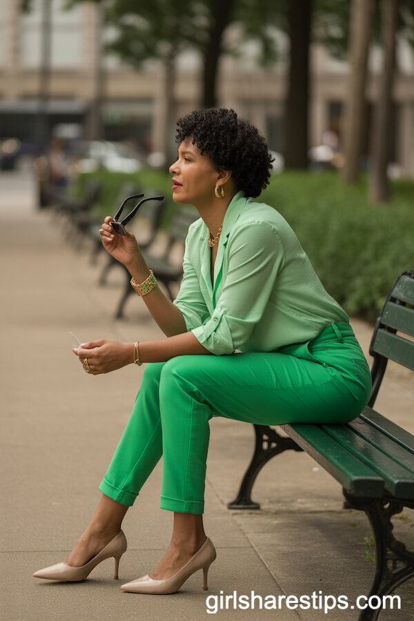 Bright Green Tapered Pants with Matching Blouse and Gold Accents