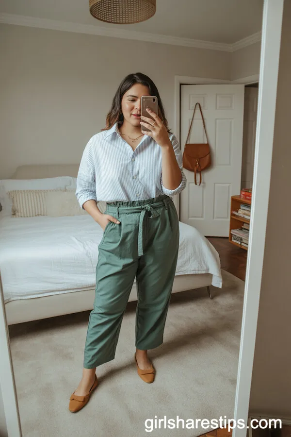 Emerald Paperbag Pants with Striped Shirt and Tan Flats