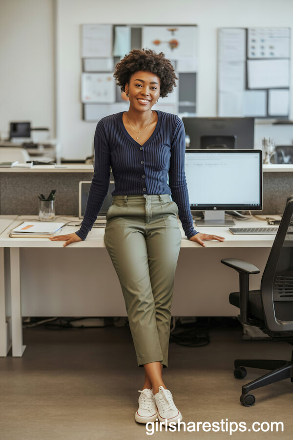 Olive Cropped Pants with Navy Cardigan and White Sneakers