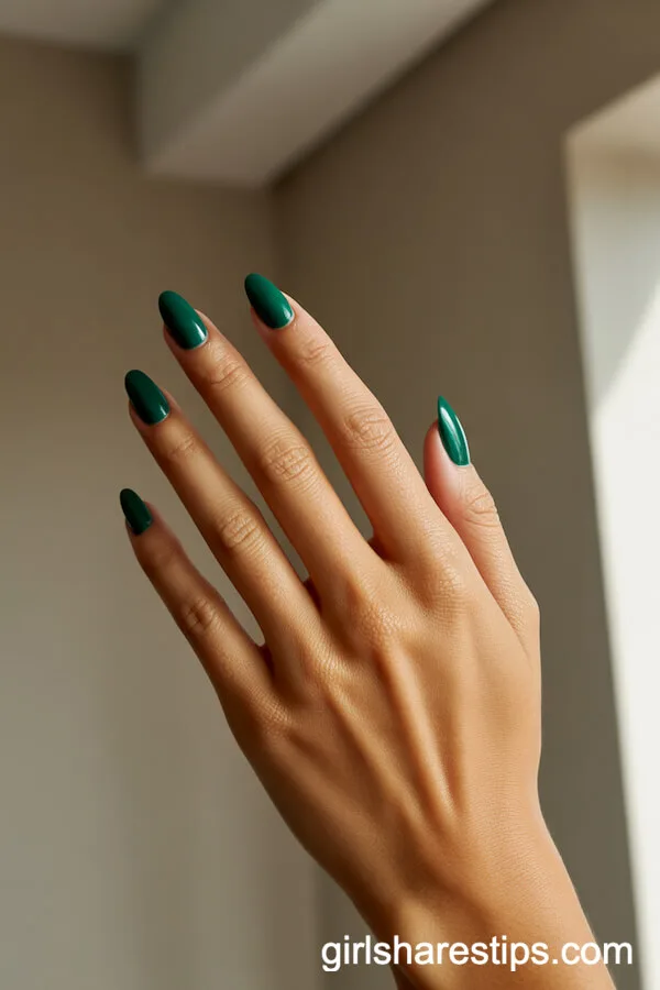 Glossy Emerald Green Almond Nails