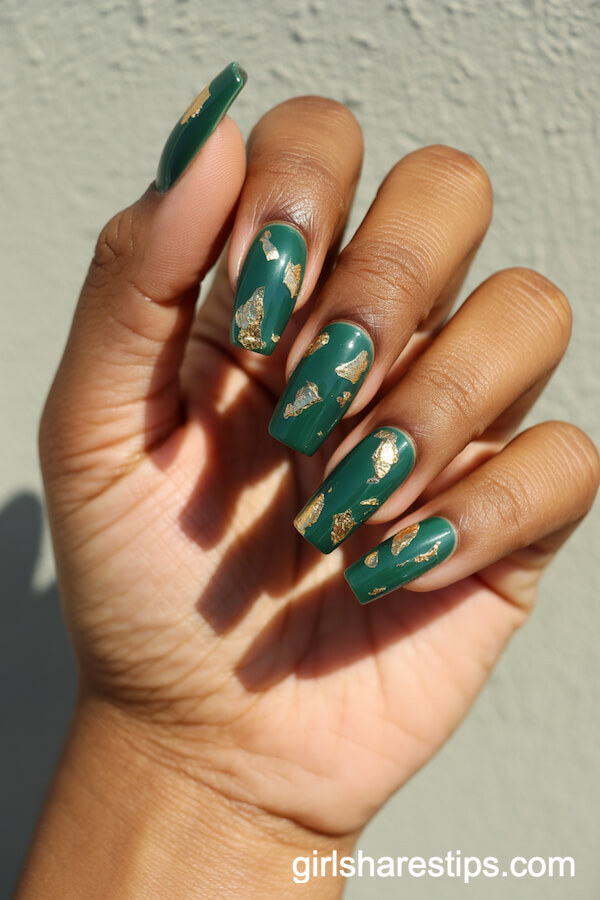 Emerald Green Coffin Nails with Gold Foil