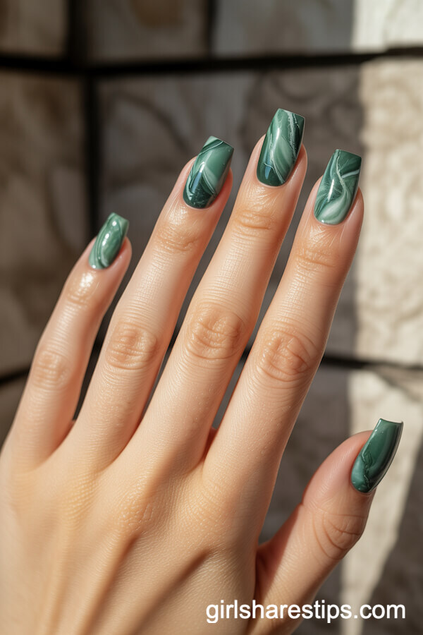 Green Marble Effect on Square Nails