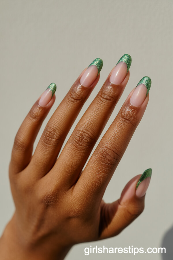 Nude Nails with Dramatic Green Glitter Tips