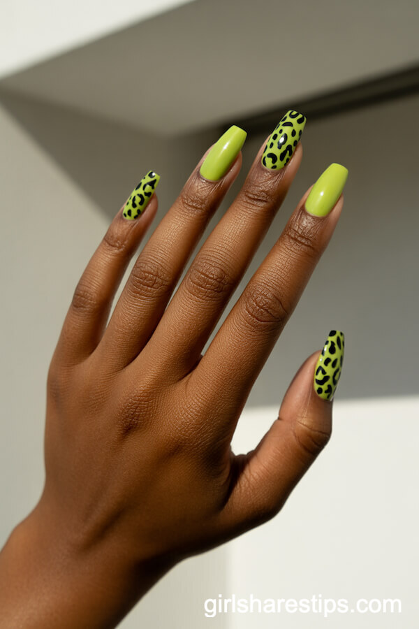 Lime Green & Black Leopard Print Square-Oval Nails
