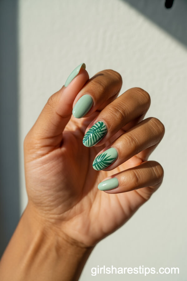 Mint Green Almond Nails with Palm Leaf Accents