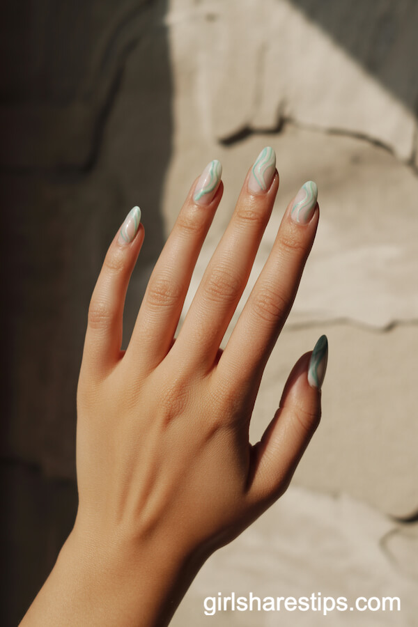 Watercolor Green and Blue Wavy Almond Nails