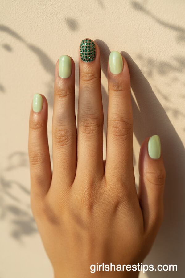 Matte Pale Green Nails with Emerald Rhinestone Accent