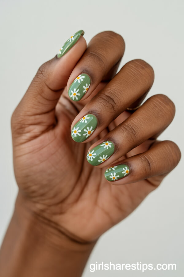 Soft Green Oval Nails with White Daisy Floral Art