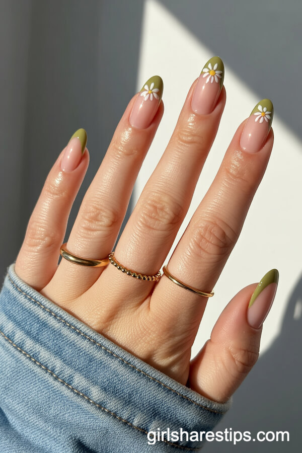 Olive Green French Tips with White Floral Motifs