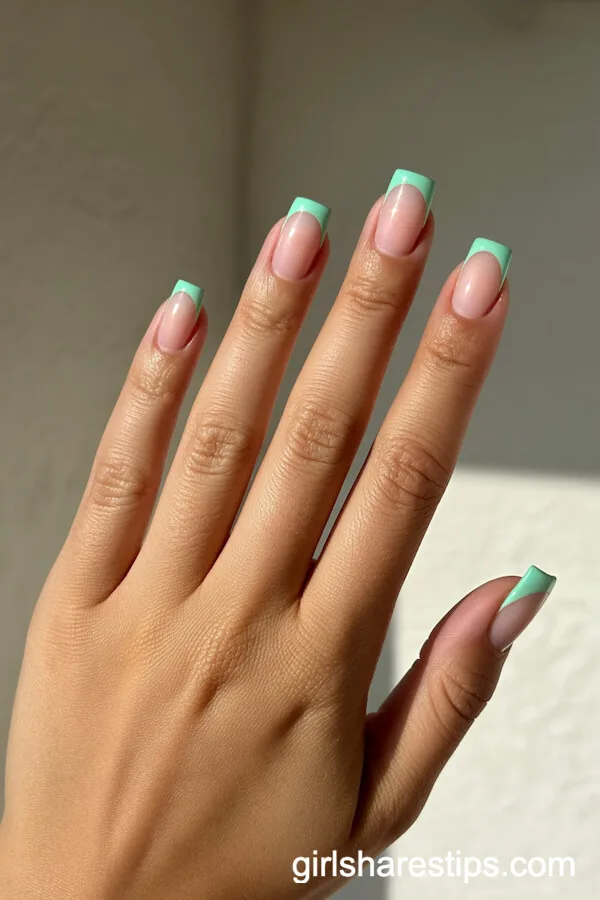 Mint Green French Tips on Square Nails