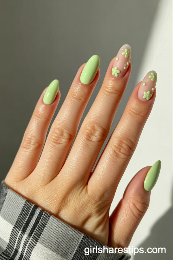 Matte Pastel Green Nails with 3D Floral Appliques