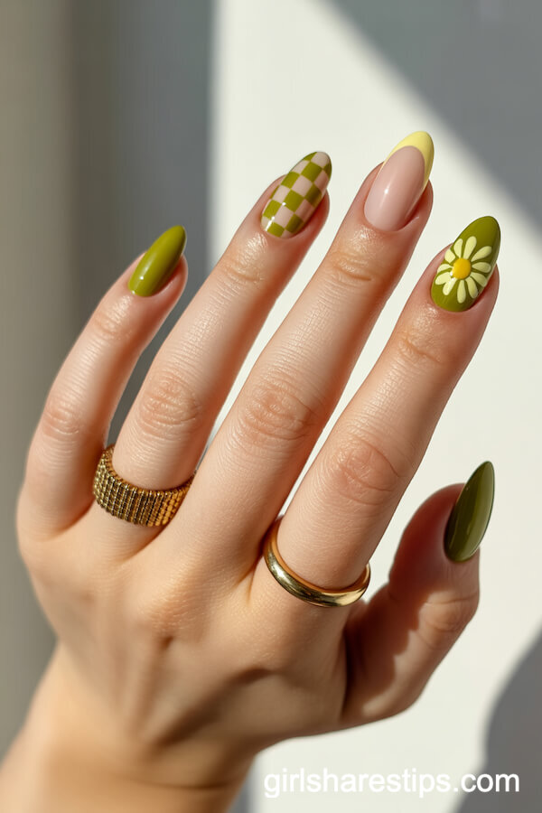 Olive Green Checkerboard and Daisy Mix Nails