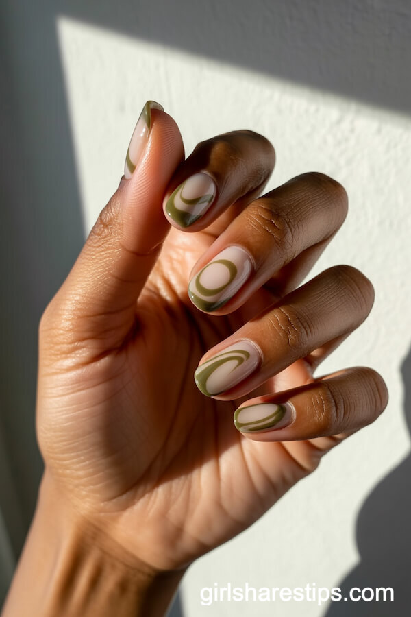 Nude and Olive Green Swirly Abstract Nails