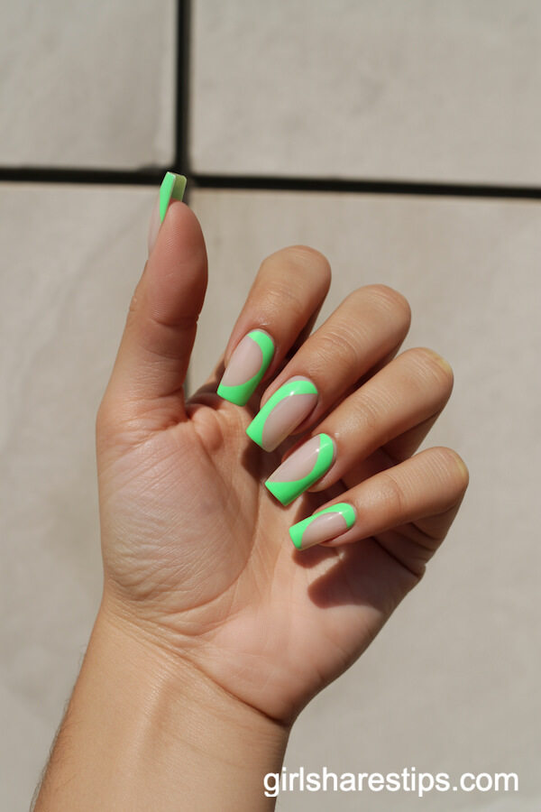 Neon Green Geometric Art on Short Coffin Nails